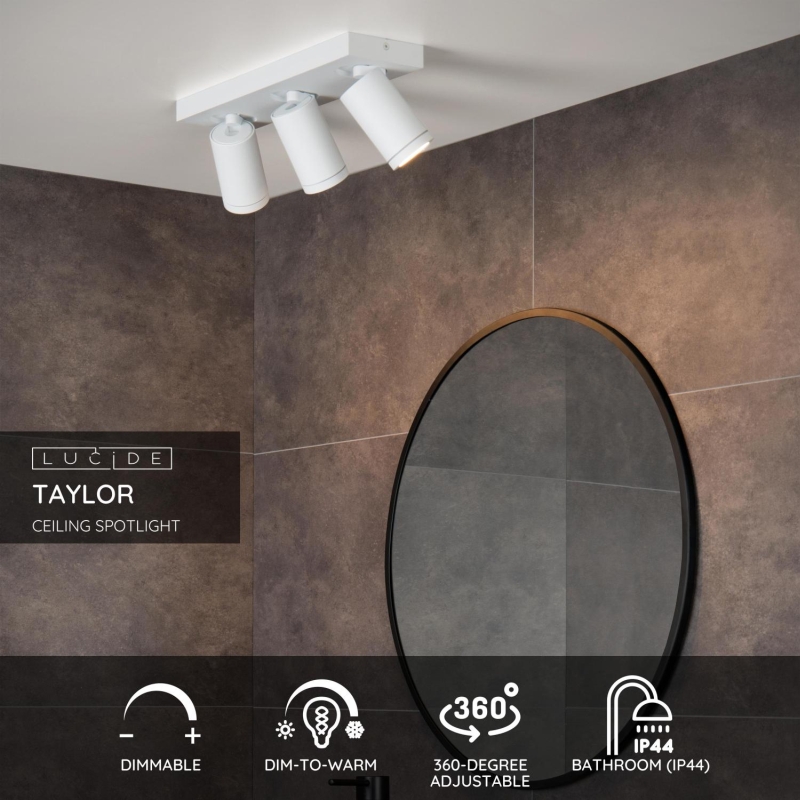 Lucide TAYLOR - Stropné bodové svietidlo Kúpeľňa - LED Dim to warm - GU10 - 3x5W 2200K/3000K - IP44 - White